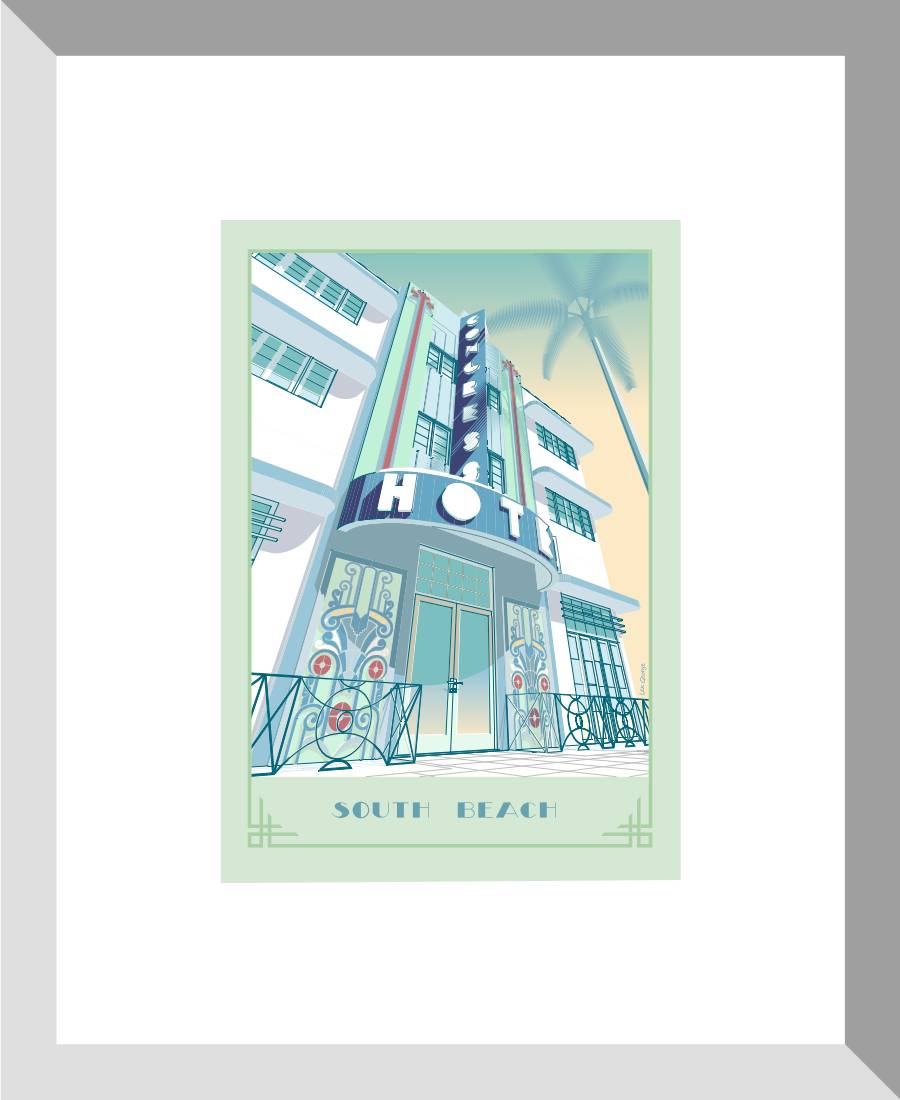 Digital architectural illustration of the Congress Hotel in Miami Beach, Florida, featuring its iconic Art Deco façade, vertical neon sign, curved entrance canopy, decorative metalwork, and tropical palm trees. Artwork by Lex George.