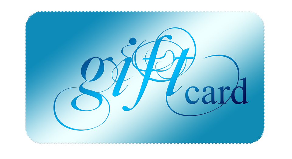 A blue gift card with white text that reads 'GIFT CARD'.