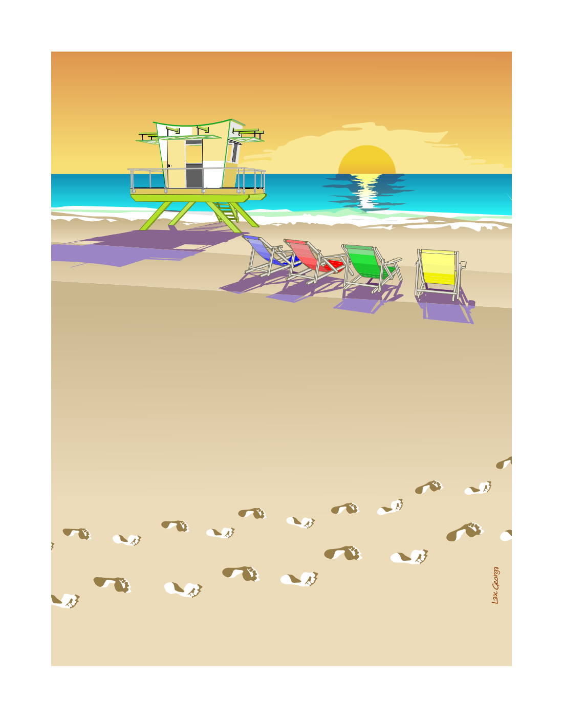 Digital coastal illustration of a Miami Beach lifeguard tower at sunrise, overlooking the Atlantic Ocean with colorful beach chairs, gentle waves, and footprints across the sand. Artwork by Lex George.
