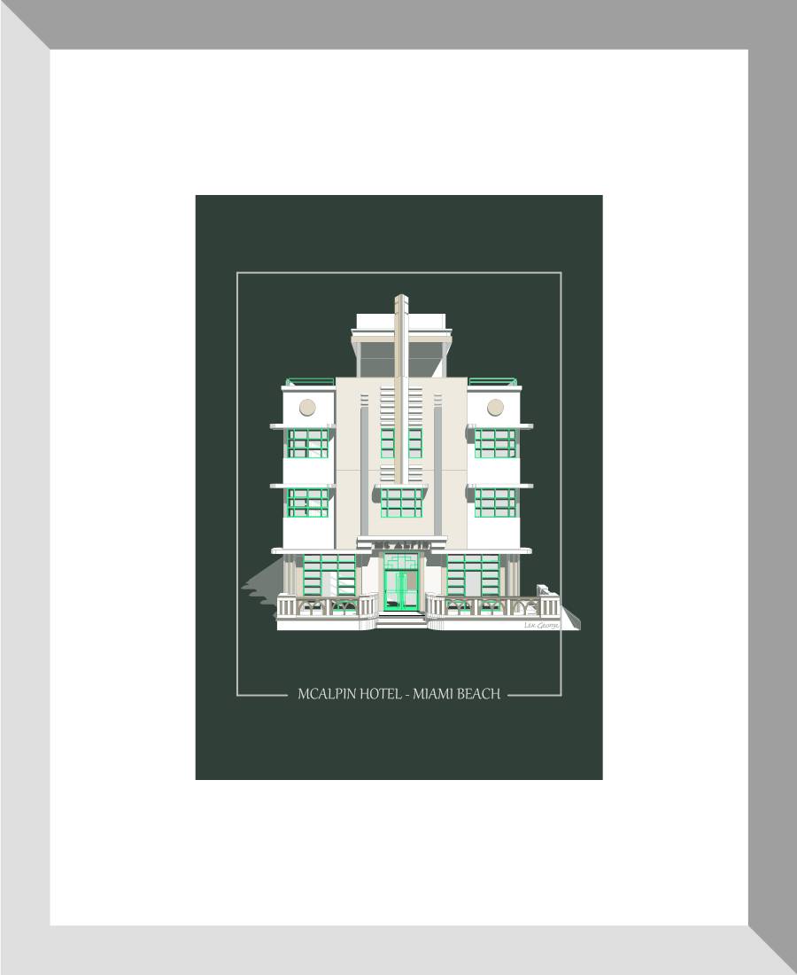 Digital architectural illustration of the McAlpin Hotel in Miami Beach, Florida, highlighting its iconic Art Deco façade, symmetrical vertical tower, geometric detailing, and palm-lined entrance. Artwork by Lex George.
