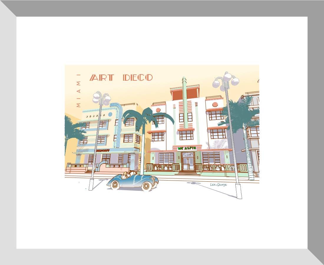 Digital architectural illustration of Ocean Drive in Miami Beach, Florida, showcasing iconic Art Deco hotels, swaying palm trees, and a vintage convertible in Lex George's signature pastel color palette.