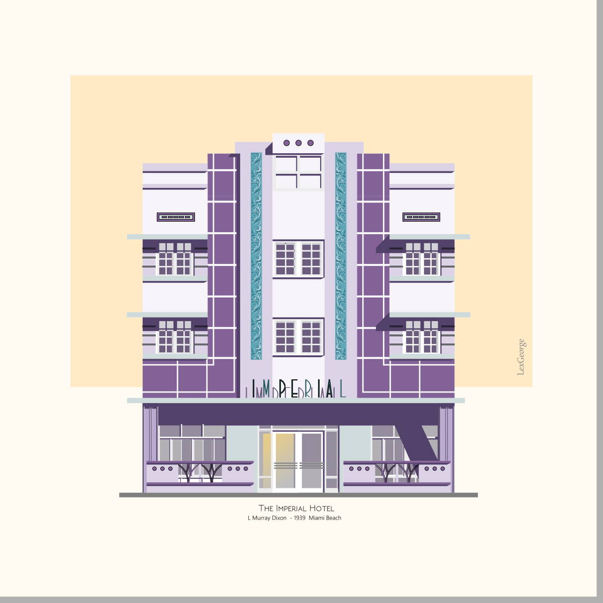 Architectural illustration of the Imperial Hotel in Miami Beach, featuring its striking Art Deco façade with purple accents, decorative vertical panels, and streamlined 1939 design. Artwork by Lex George.