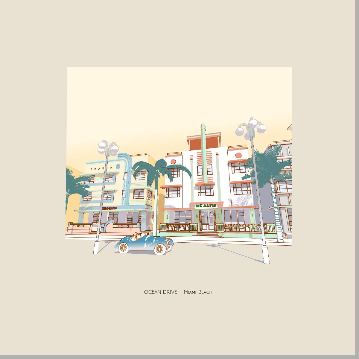 Illustrated streetscape of Ocean Drive in Miami Beach featuring colorful Art Deco hotels, swaying palm trees, vintage street lamps, and a classic convertible. Architectural artwork by Lex George.