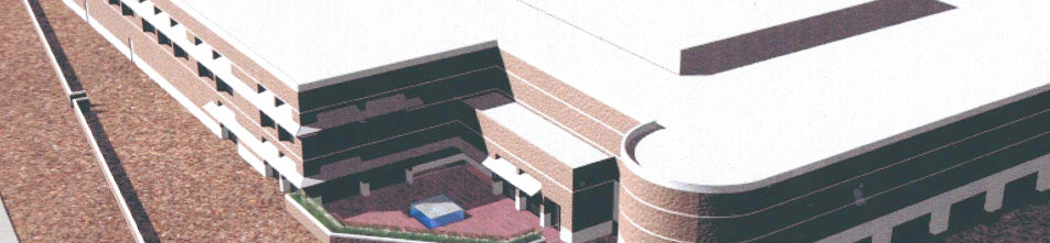 Bird's-eye rendering illustrating the overall massing of the ATMI facility addition, including the employee courtyard and expanded industrial spaces.