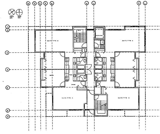 Typical residential floor plan showing the efficient layout of the affordable housing units surrounding a central circulation core.