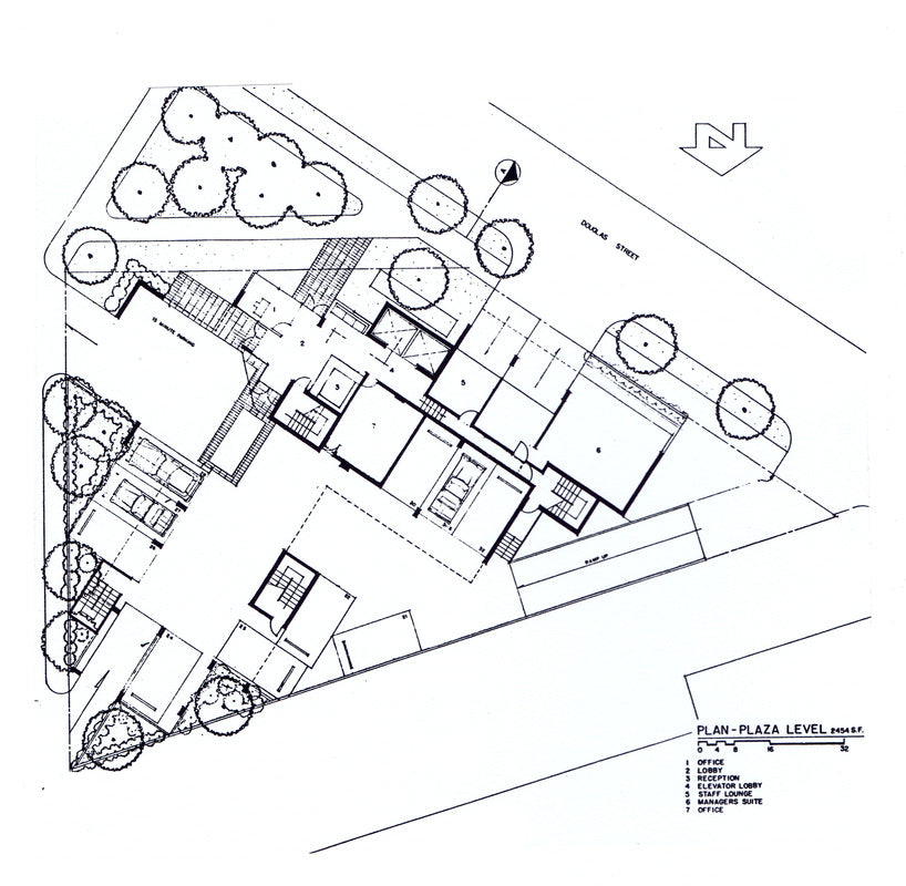 Architectural plaza-level floor plan for a proposed 60-room apartment hotel in Victoria, British Columbia, showing the building layout, guest amenities, landscaped outdoor spaces, parking, and site circulation.