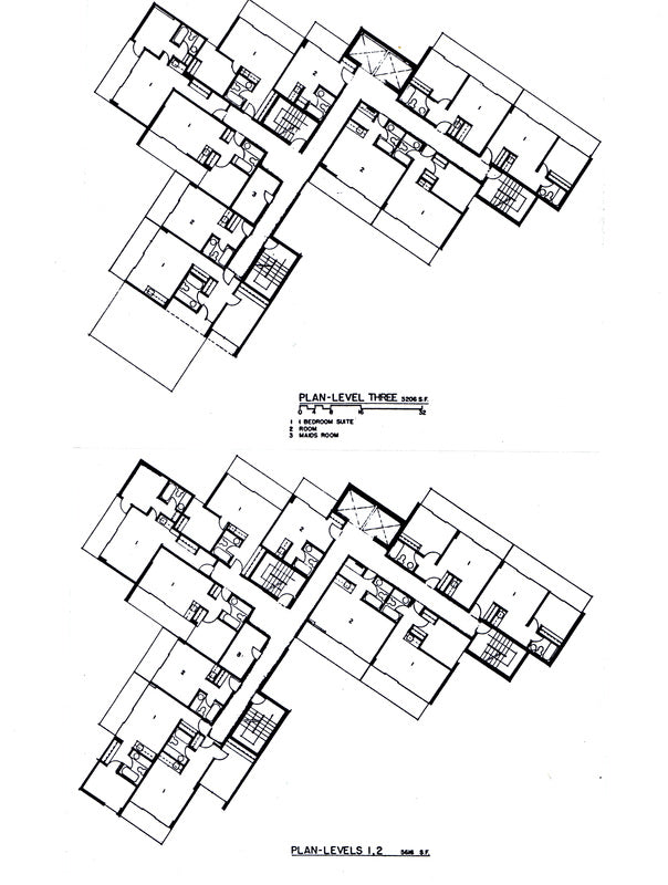 Black-and-white architectural floor plan drawings showing multiple levels of a building layout with room blocks, stairs, and a small title block.