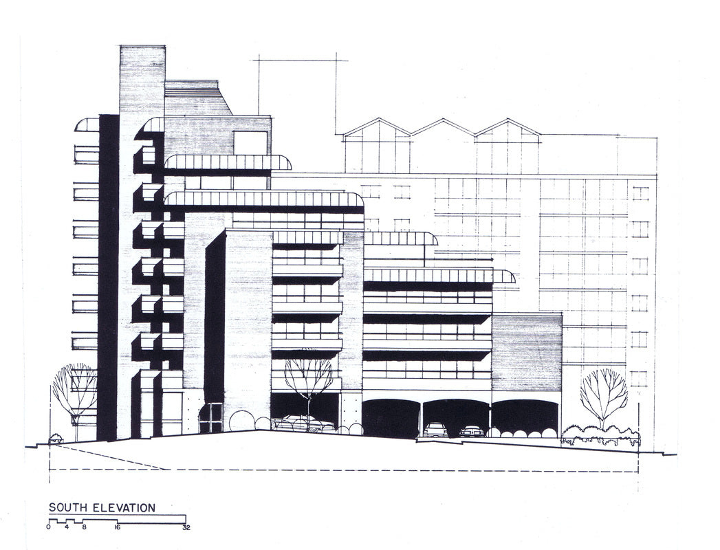 Black and white architectural line drawing showing a building facade labeled 'SOUTH ELEVATION' with scale markings at the bottom.