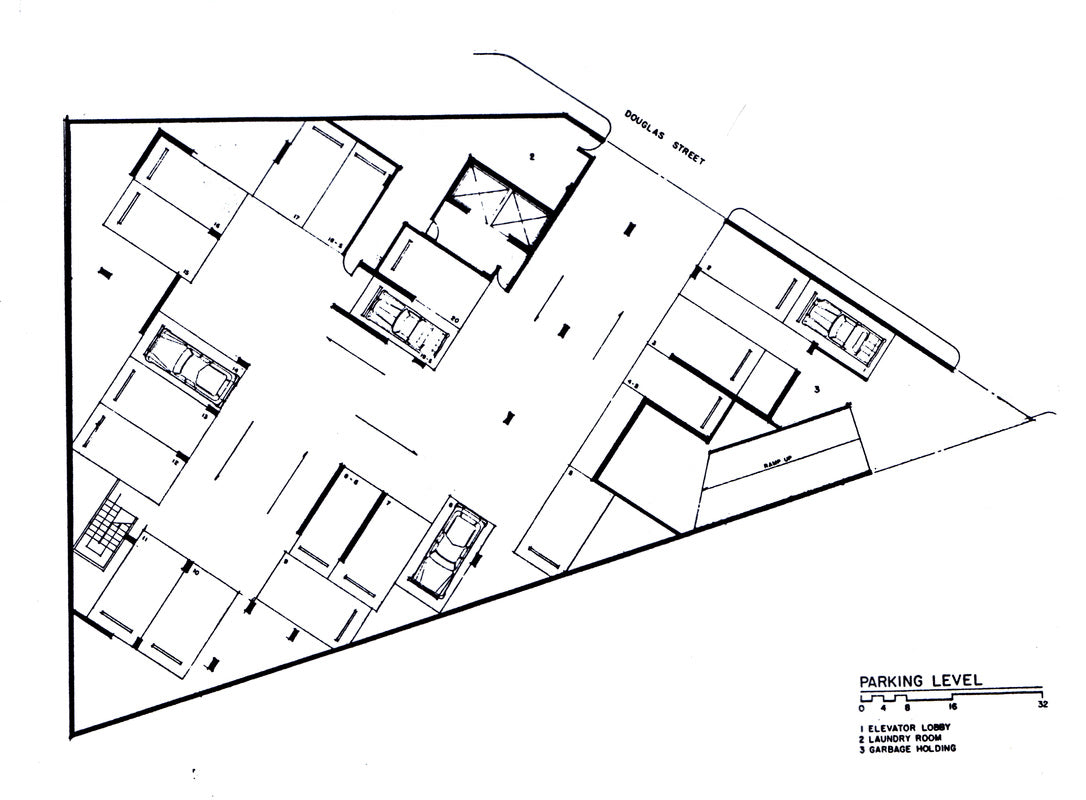 Parking level floor plan for the proposed 60-room apartment hotel in Victoria, British Columbia, illustrating vehicle parking, elevator lobby, laundry room, garbage holding area, and the building footprint on a triangular urban site.
