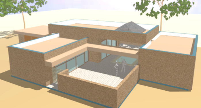 3D architectural rendering of a modern single-story house with terracotta-colored walls, flat roofs, large glass windows, and a small courtyard area, shown on a plain light background with trees at the top.