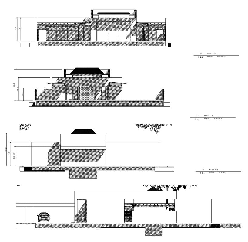 A black and white architectural elevation drawing showing four side-profile building cross-sections with dimensions, hatching, and small scale bars on a white background.