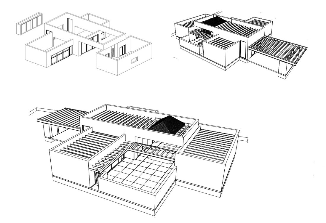 Architectural line drawings of a modern house, showing multiple perspective views and floor plan layouts on a white background.