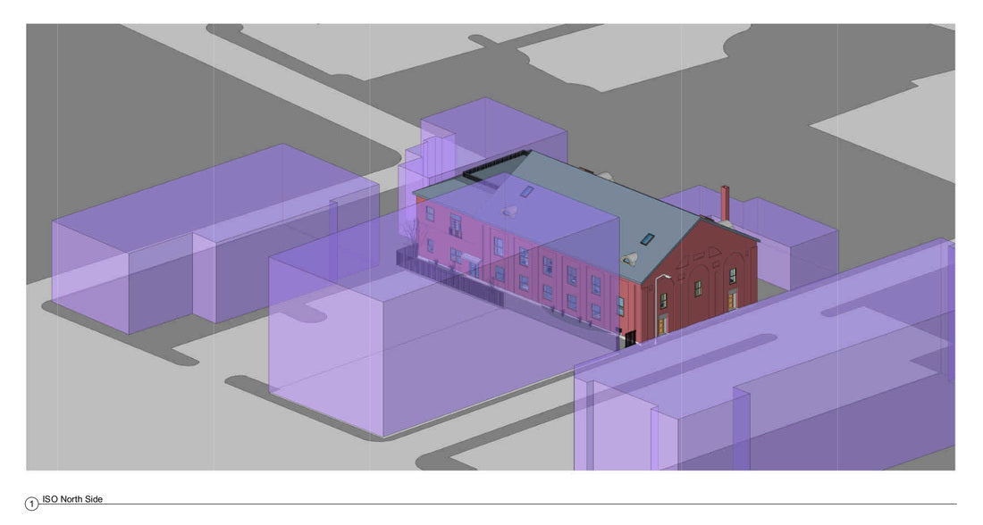 Three-dimensional site model illustrating the proposed adaptive reuse of the historic church within the surrounding Salem streetscape.