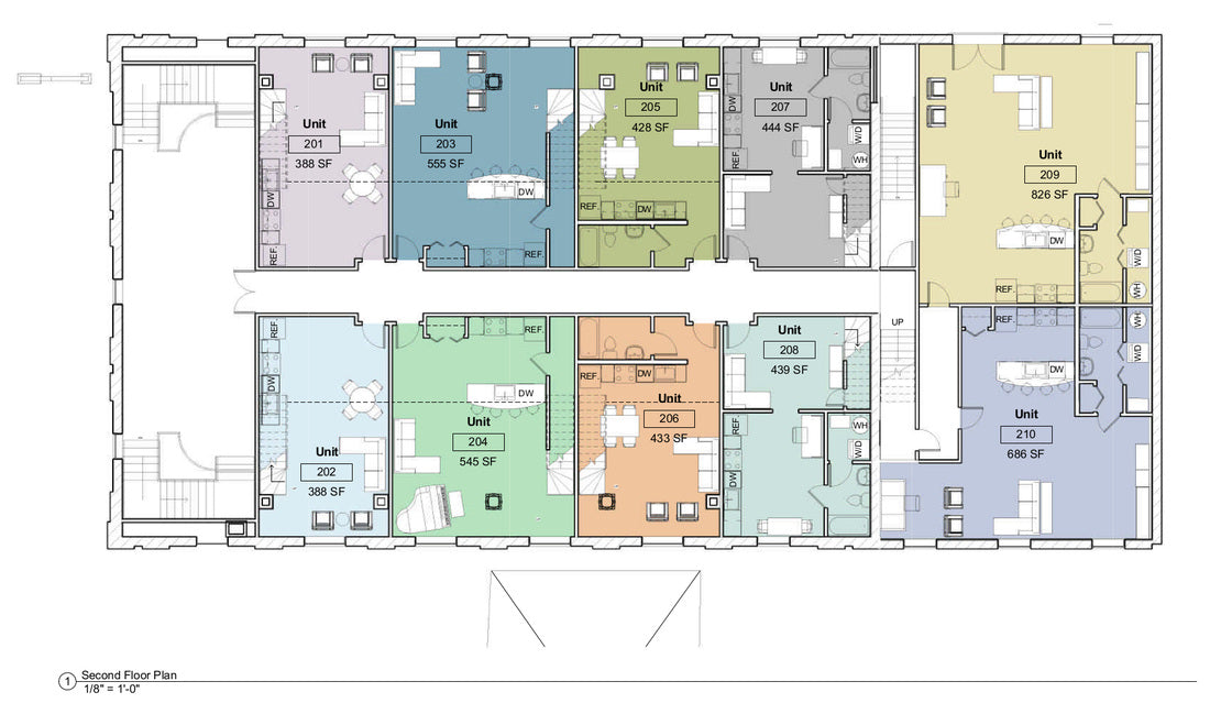 Second-floor plan showing the layout of the live/work condominium units within the existing church structure.