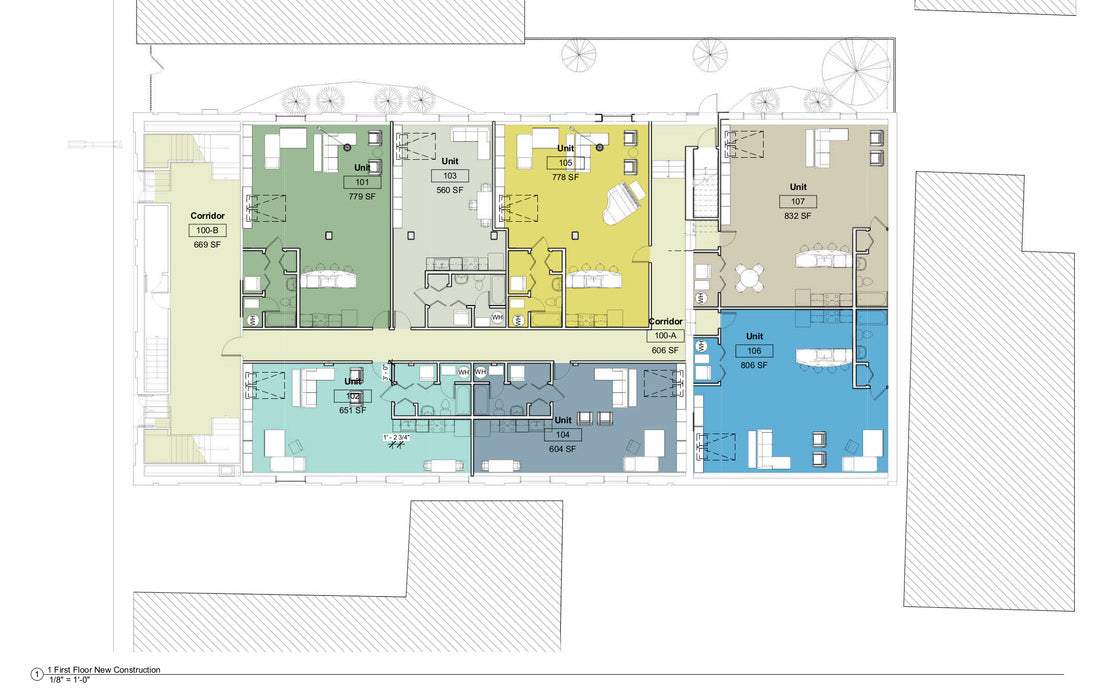 First-floor plan illustrating residential units, circulation, and common areas integrated into the historic building.