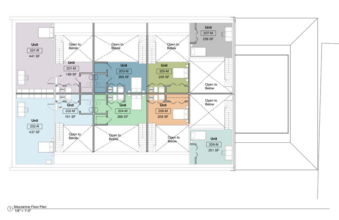Mezzanine floor plan showing loft bedrooms and upper living spaces within the converted church.