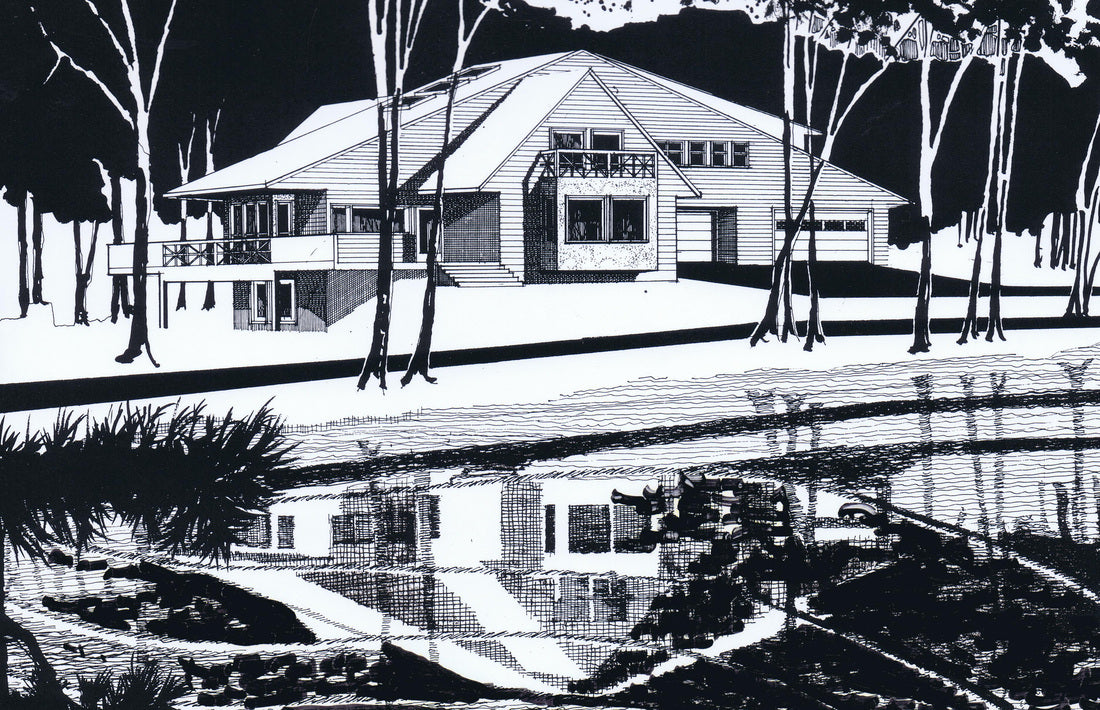 Black and white architectural illustration of a modern single-story house with a large front porch, set among stylized trees with a reflective water feature in the foreground.