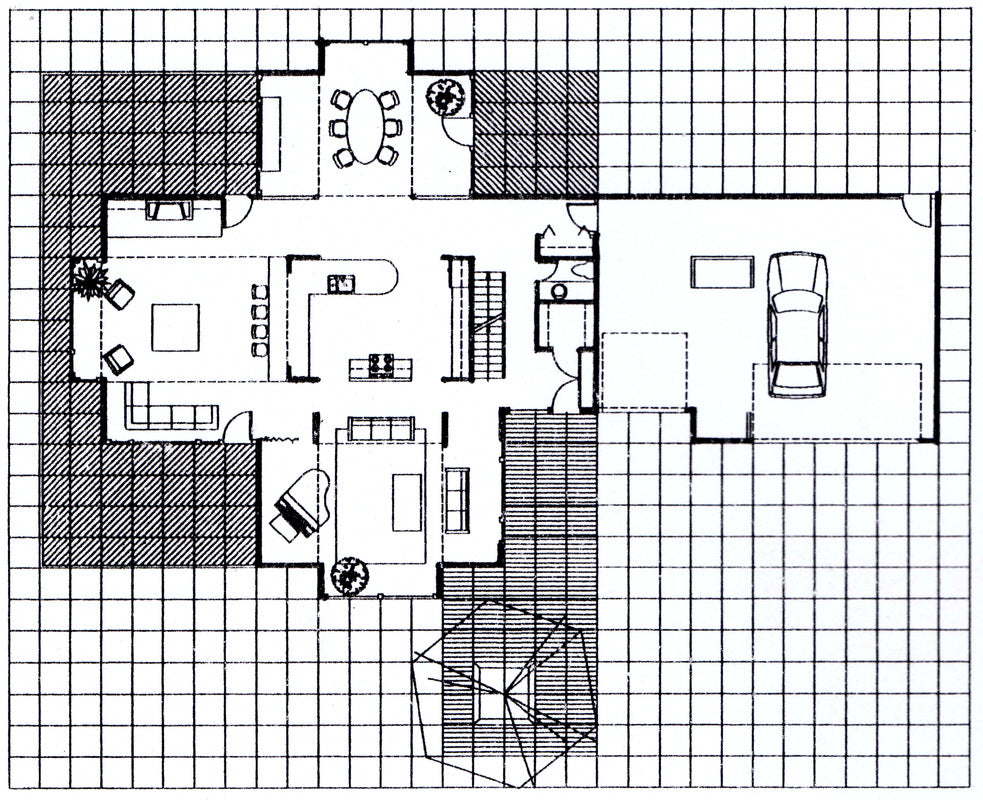 Black & White architectectural drawing of a single story home with a car in the garage laid out on a grid.