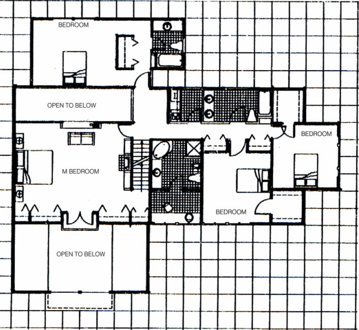 A black-and-white architectural floor plan diagram showing labeled rooms such as bedroom, bathroom, and open-to-below space on a grid background.