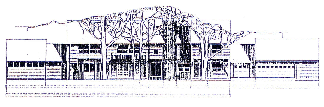 A black and white architectural line drawing showing a multi-story house with garages, trees, and a mountain silhouette in the background.