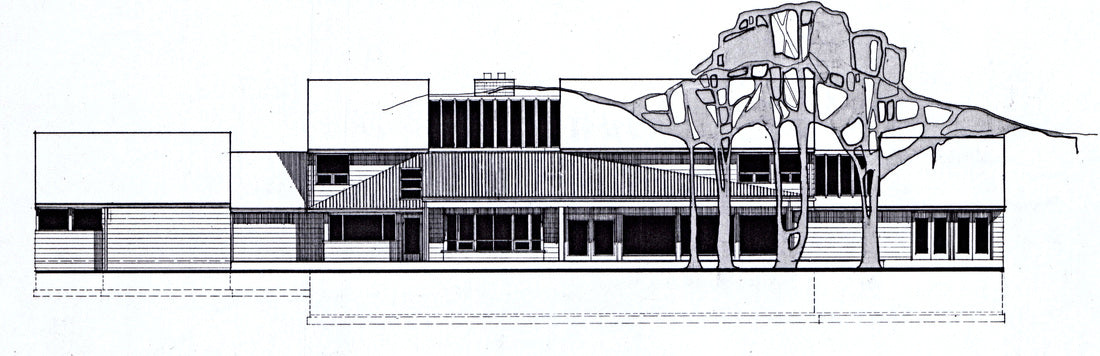 A black and white architectural line drawing showing a modern building facade with a large organic tree-like structure integrated into the roofline, presented on a white background.