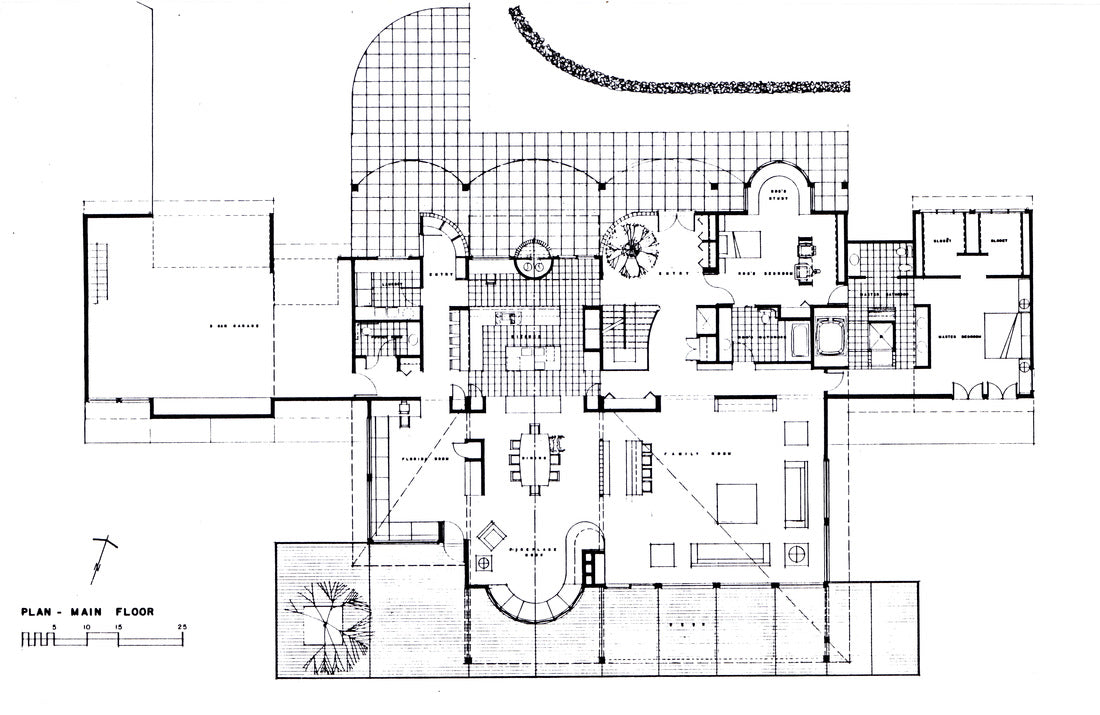 A black-and-white architectural floor plan drawing showing a main floor layout with rooms, walls, windows, stairs, and fixtures on a white background.