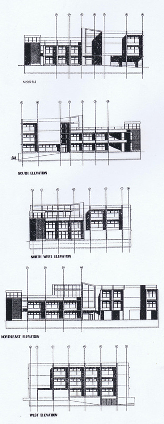 Black and white architectural elevation drawings showing multiple building cross-sections with labels including north, south, west, and east elevations.