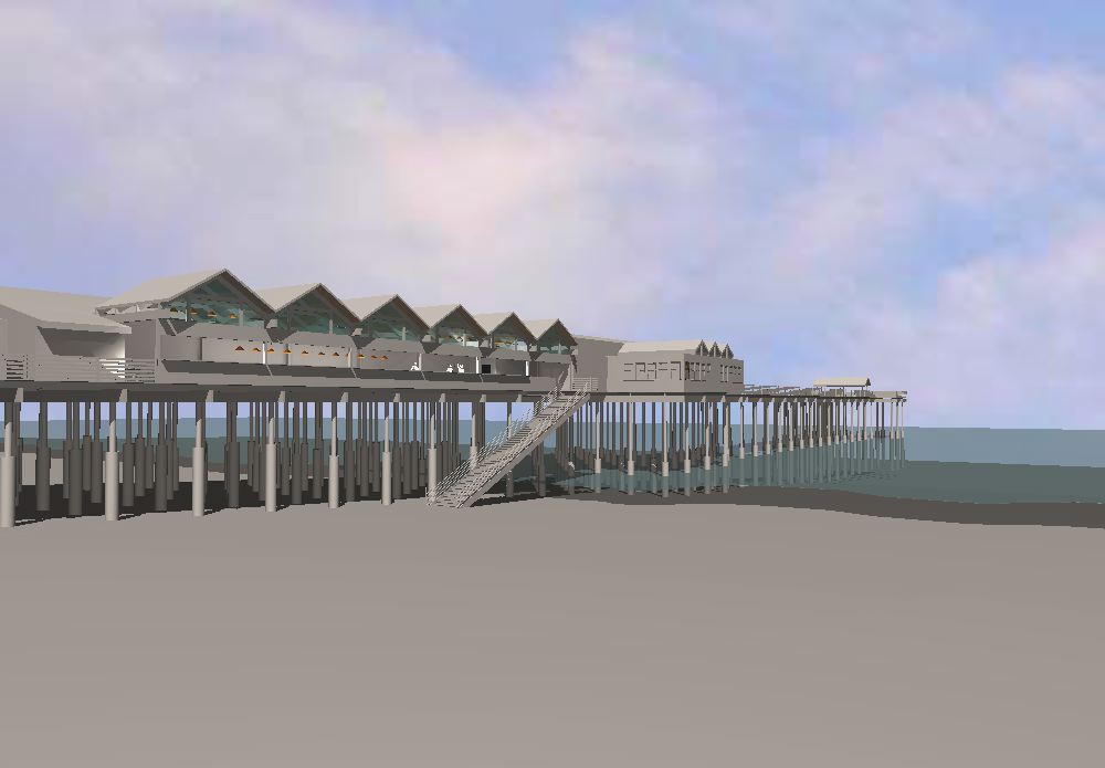 A digital rendering of a long pier structure with multiple attached pavements, supported by many columns, extending over calm water under a pale blue sky.