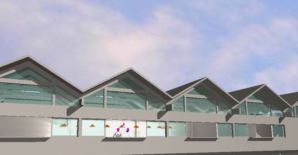 3D conceptual rendering of the proposed Cocoa Beach Pier redevelopment featuring a series of vaulted roof forms with expansive glass façades overlooking the Atlantic Ocean.