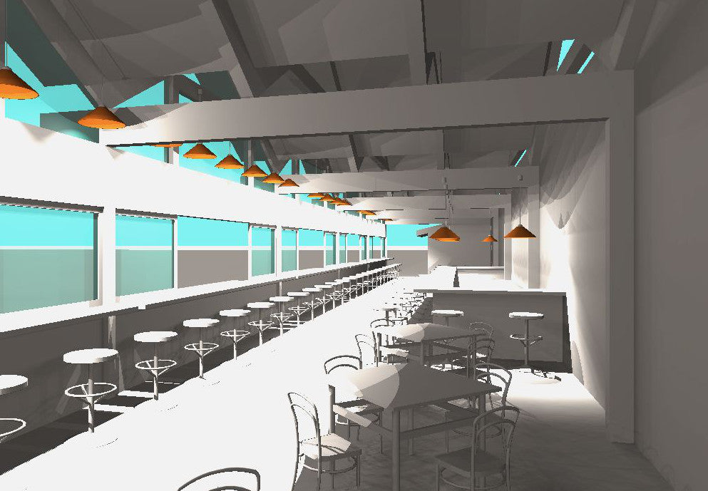 A 3D architectural rendering of a modern cafe interior, featuring rows of white tables and chairs, orange dome pendant lights, and a long counter with stools under large windows with turquoise sky visible.