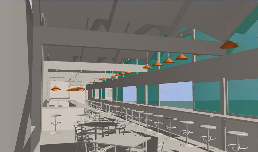 Interior architectural rendering of the proposed Cocoa Beach Pier redevelopment restaurant featuring a long oceanfront bar, vaulted ceilings, exposed beams, pendant lighting, and panoramic waterfront views.