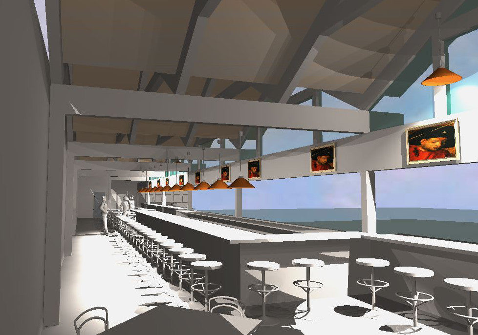 A 3D architectural rendering of a modern beach bar or lounge with a long counter, numerous white bar stools, hanging orange conical pendant lights, and framed artwork on the wall overlooking the ocean.