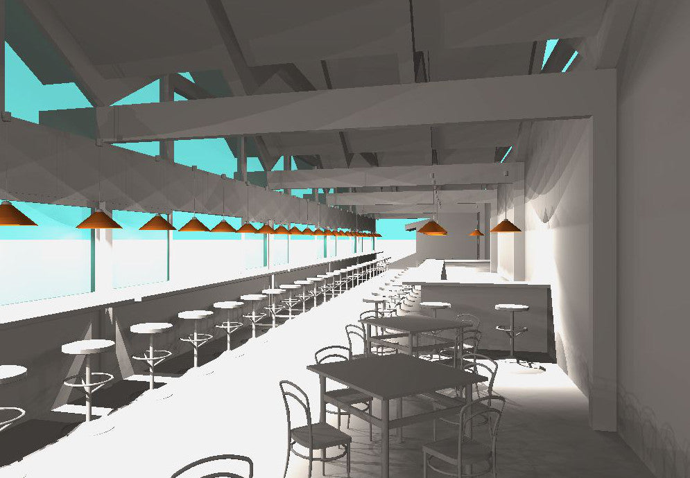 Interior architectural rendering of the proposed Cocoa Beach Pier redevelopment restaurant, featuring vaulted ceilings, exposed structural beams, pendant lighting, bar seating, dining tables, and expansive ocean-facing windows.