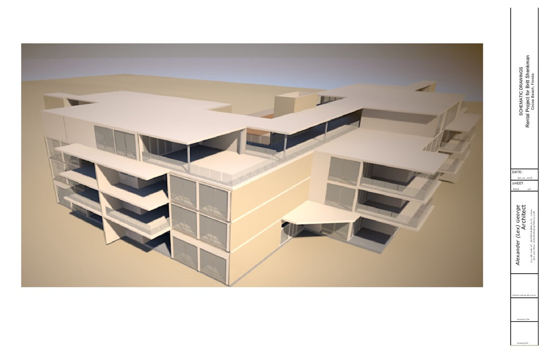 Three-dimensional architectural model of the proposed Cocoa Beach mixed-use residential development, highlighting modern forms, balconies, and interconnected building volumes.