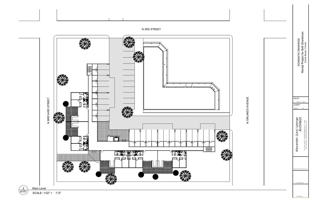 Architectural floor plans showing residential unit layouts and upper-level circulation for a short-term rental development in Cocoa Beach, Florida.