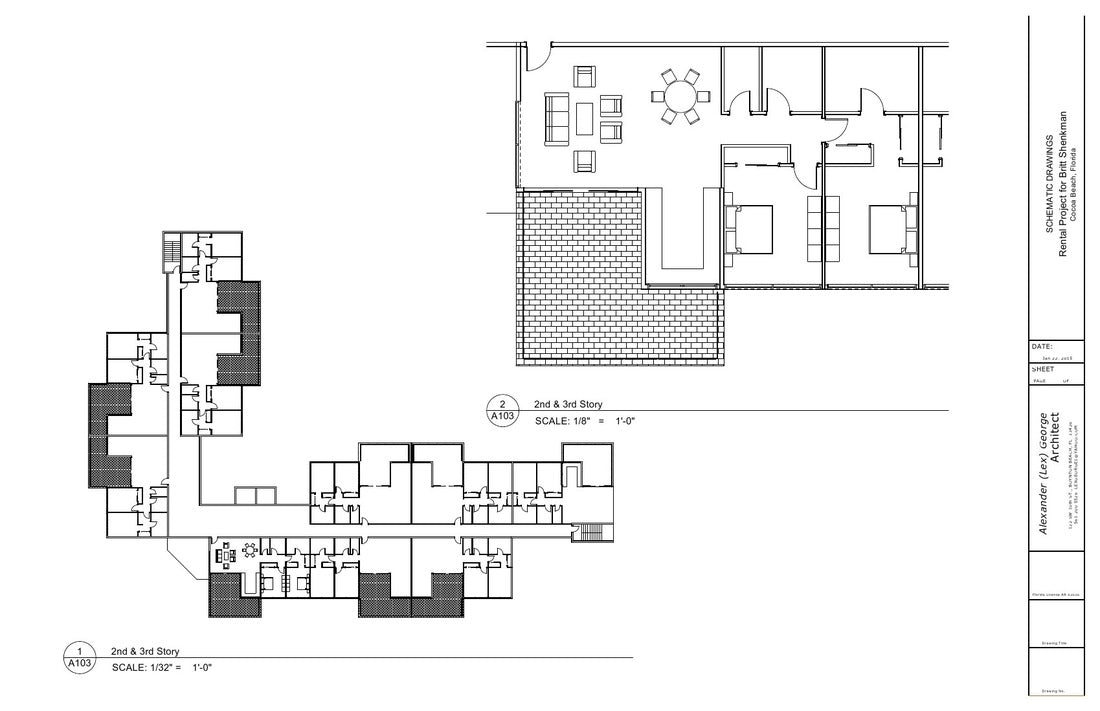 Architectural floor plans showing residential unit layouts and upper-level circulation for a short-term rental development in Cocoa Beach, Florida.
