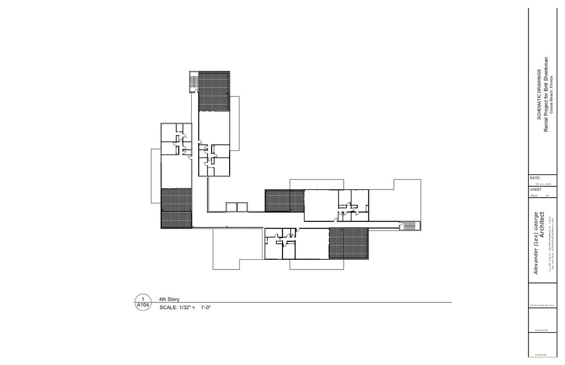 Architectural site plan for a mixed-use residential development in Cocoa Beach, Florida, illustrating building layout, parking, pedestrian circulation, and surrounding streets.