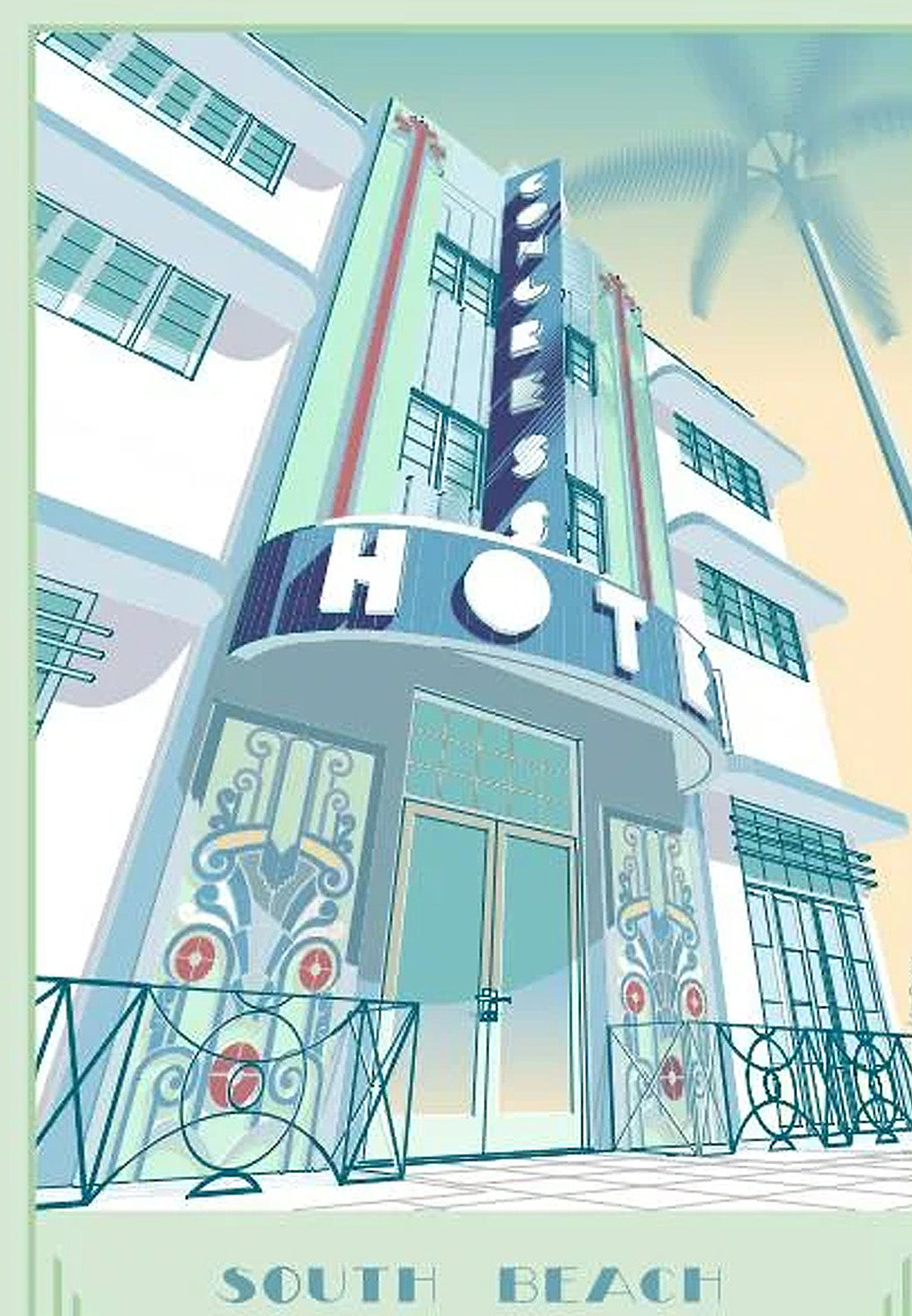 Art deco style poster illustration of the South Beach Hotel in Miami, featuring a stylized Art Deco building facade with palm trees and a decorative border.