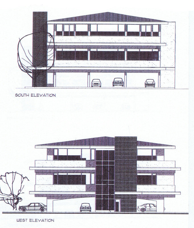 South and west elevation drawings for the proposed spec office building in Courtenay, British Columbia, illustrating the three-story commercial building with covered parking, continuous balconies, and a central glass stair tower.