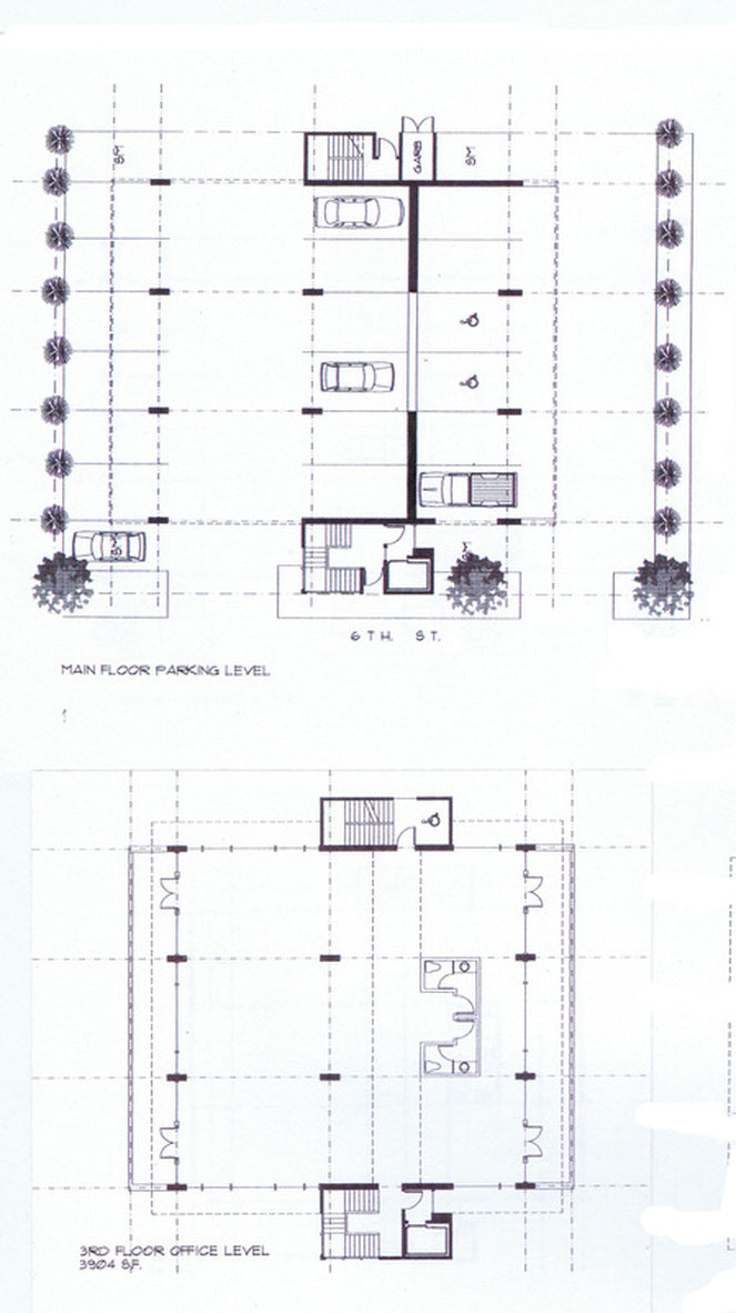 Main parking level and third-floor office plan drawings for the proposed spec office building in Courtenay, British Columbia, illustrating covered parking, building core, elevator, stairwell, and open office floor layouts.