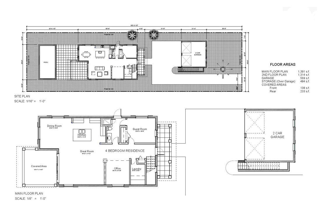 Architectural floor plan drawing showing a house layout with labeled rooms, dimensions, floor area totals, and a garage plot on a white background.