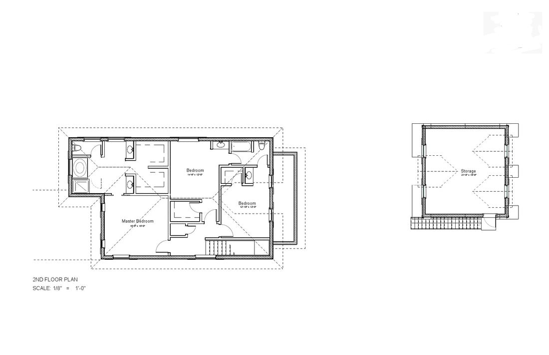 A black-and-white architectural floor plan showing a 2nd-floor layout with labeled rooms and a smaller side elevation or plan view on the right, on a plain white background.