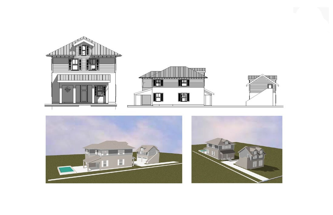 Architectural house design renderings showing multiple house views, including front, side, and perspective renders, on a white background.