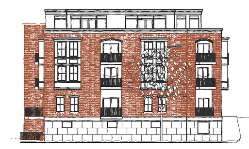 Colored elevation rendering highlighting brick façade materials, balconies, and residential windows.