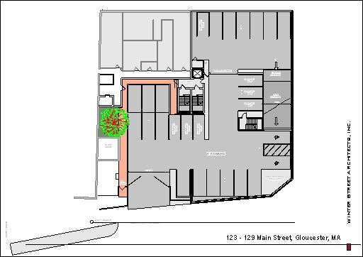 Parking level and site circulation plan illustrating structured parking and building access.