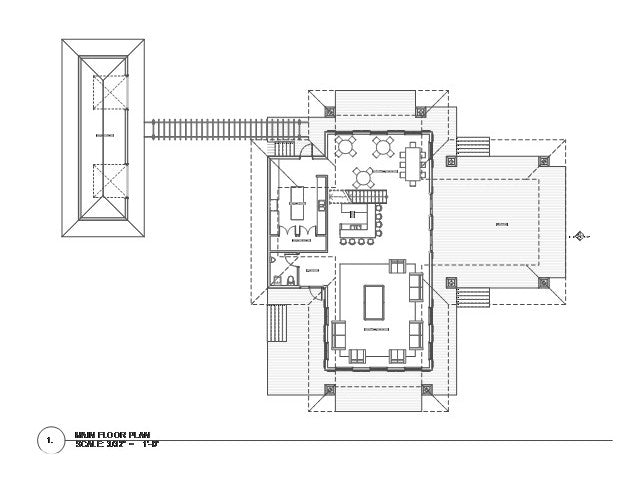 Main floor plan for a proposed bed and breakfast residence in Maui, Hawaii, showing the open living and dining areas, kitchen, entry, covered lanai, and a detached guest pavilion connected by an elevated walkway.