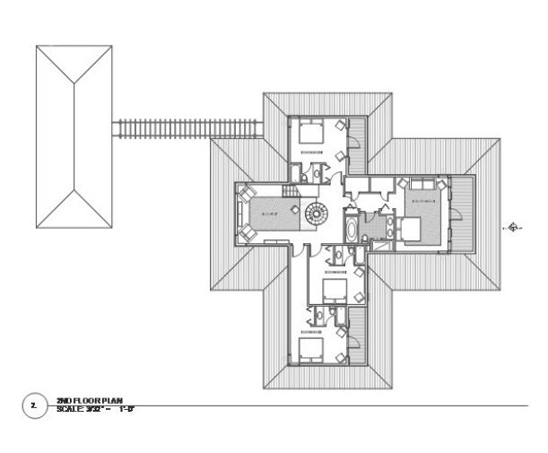 A black and white architectural floor plan drawing showing a detailed top-down layout of rooms, walls, windows, and roof structure on a white background.