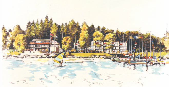 A watercolor-style scenic artwork showing a lakeside or harbor town with trees, buildings, boats, and a windsurfer in the foreground.