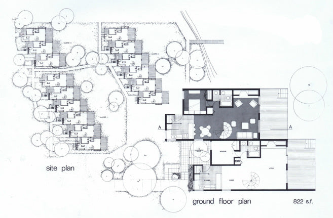 Architectural site plan and ground floor plan for the Inn of the Sea Resort in Ladysmith, British Columbia, illustrating the arrangement of waterfront condominium buildings, landscaped pathways, and a typical condominium layout with open living spaces and outdoor decks.