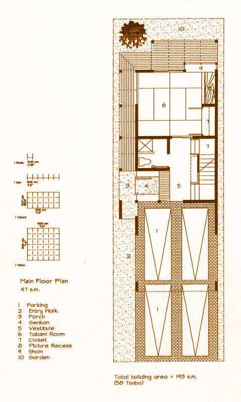A brown architectural main floor plan diagram on a white background, showing room layout, parking, entry porch, vestibule, toilet room, picture recess, and garden, with a legend listing the labeled areas.